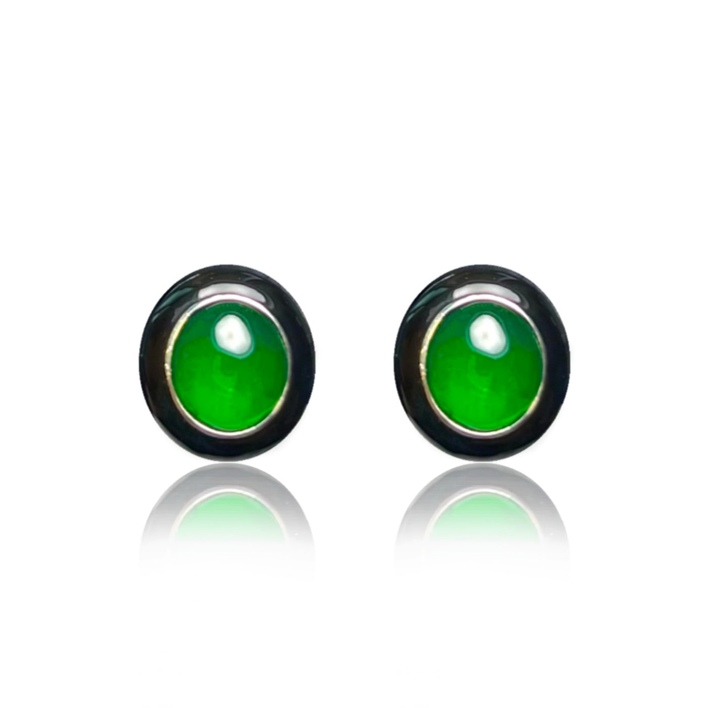 JADEITE CABOCHON EARRINGS IN 18K WHITE GOLD AND ENAMEL