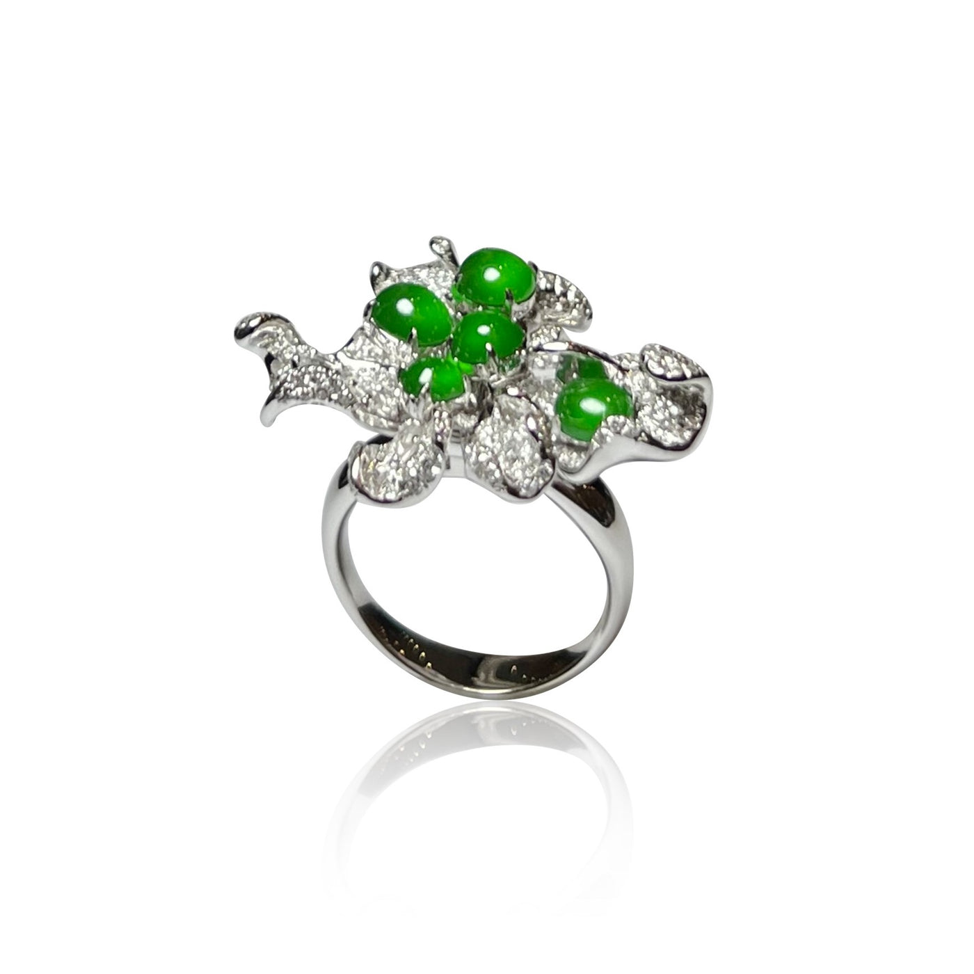 FIRE LILY JADEITE CABOCHON RING IN 18K WHITE GOLD AND DIAMOND
