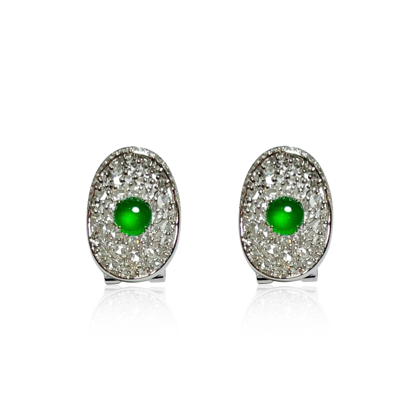 TRADITIONAL GOLD INGOT JADEITE CABOCHON EARRINGS IN 18K WHITE GOLD AND DIAMONDS