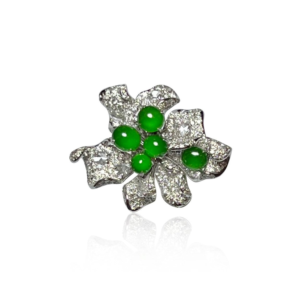 FIRE LILY JADEITE CABOCHON RING IN 18K WHITE GOLD AND DIAMOND