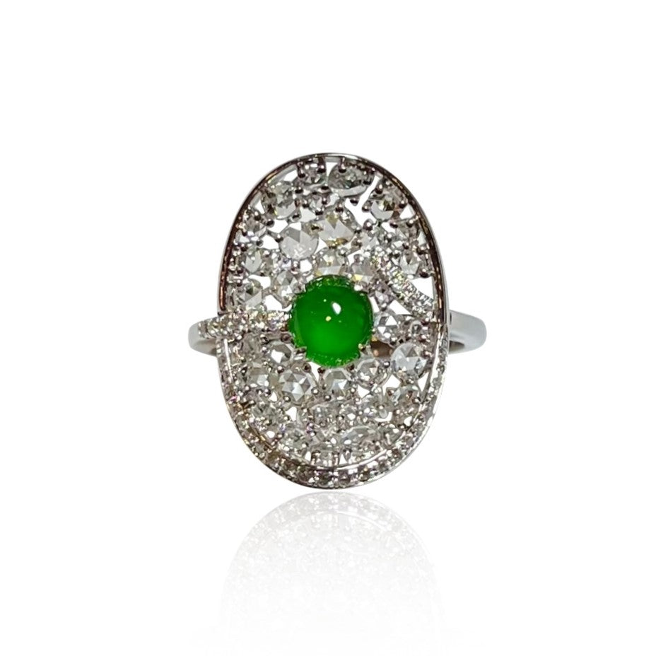 TRADITIONAL GOLD ingots JADEITE CABOCHON  RING IN 18K WHITE GOLD AND DIAMONDS