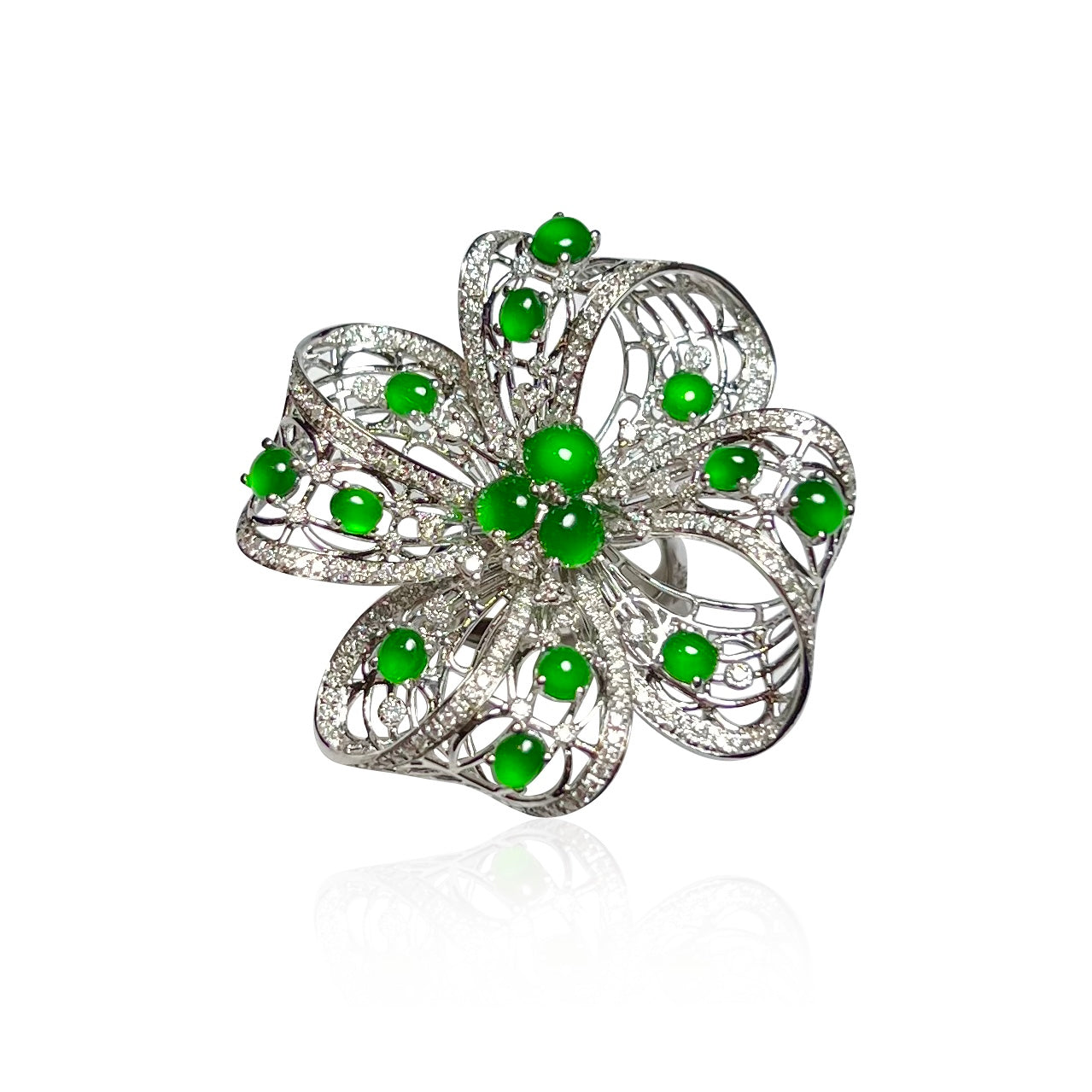 18K WHITE GOLD LACE RIBBON JADEITE CABOCHON RING WITH DIAMONDS