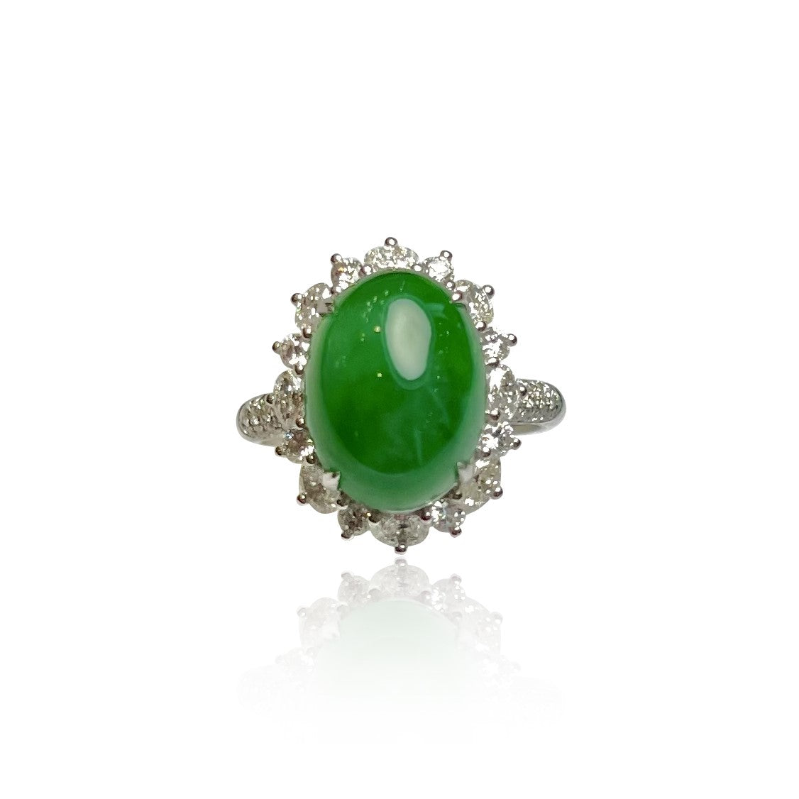 JADEITE CABOCHON RING IN 18K WHITE GOLD AND DIAMONDS