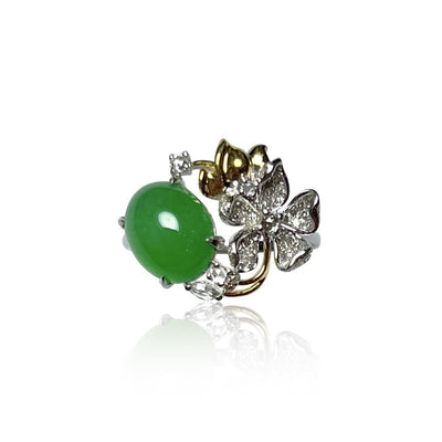JADEITE FLOWER CABOCHON RING IN 18K WHITE GOLD AND DIAMONDS
