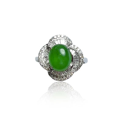 JADEITE FLOWER CABOCHON RING IN 18K WHITE GOLD AND DIAMONDS