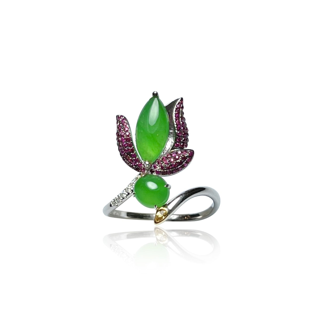 LOTUS JADEITE RING IN 18K WHITE GOLD AND DIAMONDS AND RUBY