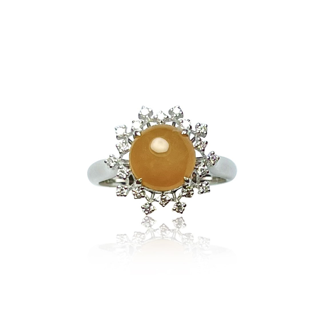 YELLOW JADEITE CABOCHON RING IN 18K WHITE GOLD AND DIAMONDS
