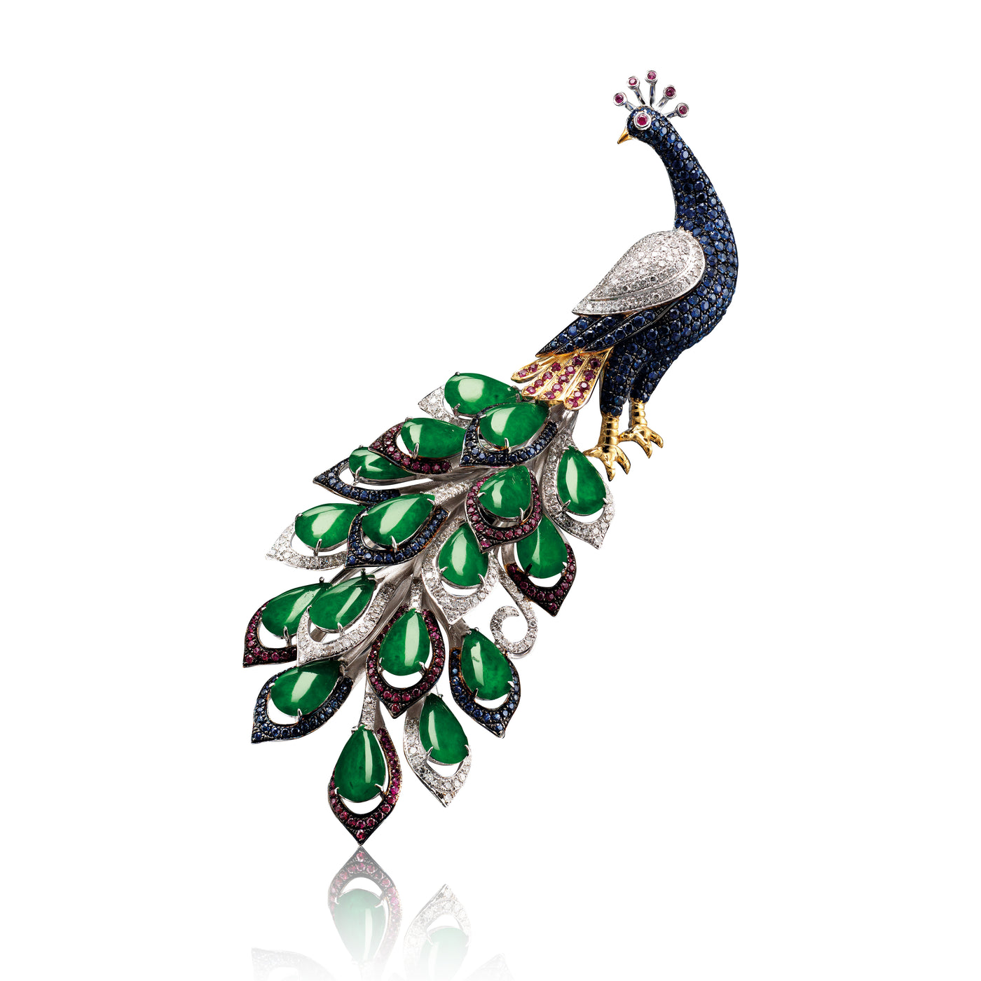 Peacock Jadeite Brooch in 18K white gold with diamond and sapphire