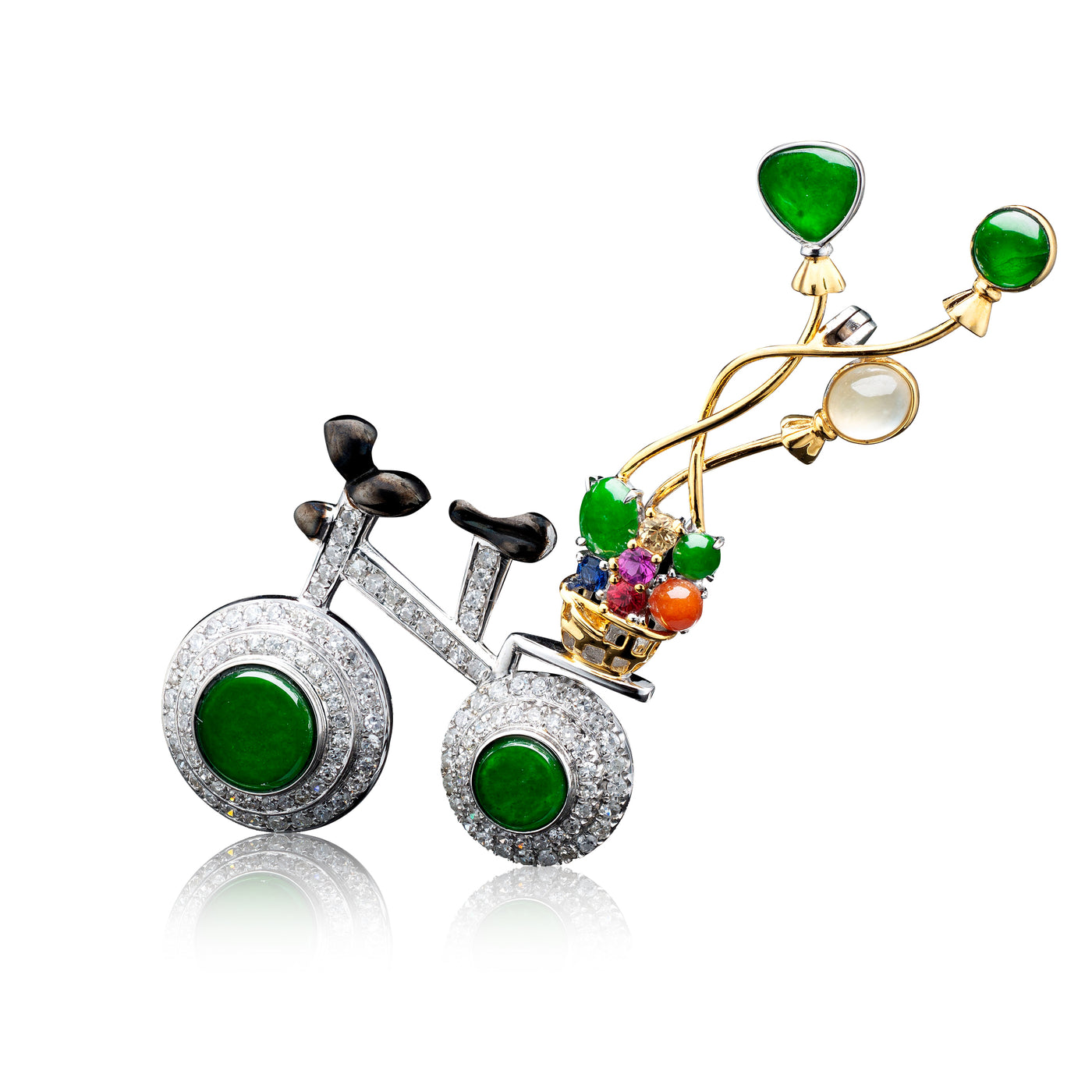 Balloon and Bicycle jadeite brooch with diamond and Garnet