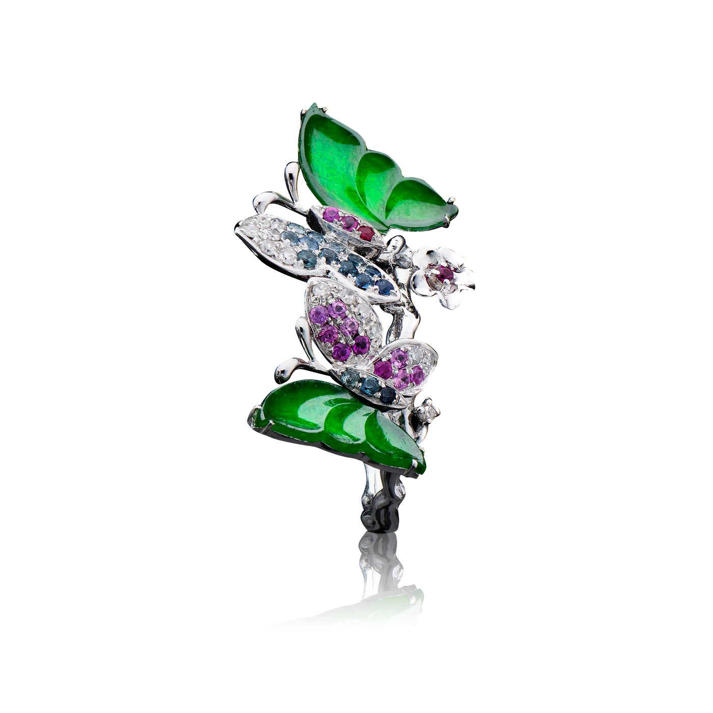 Butterfly Jadeite ring in 18k white gold with ruby and sapphire