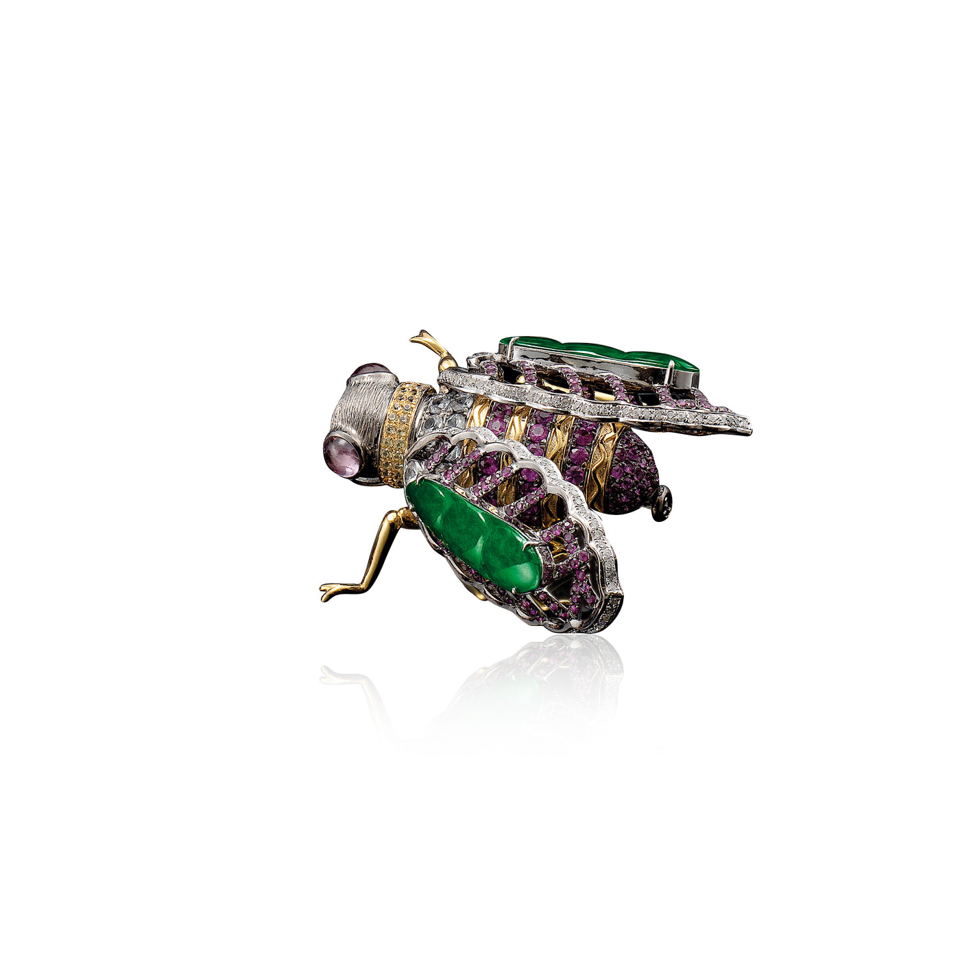 Cicada jadeite brooch in 18k white gold with diamond and ruby