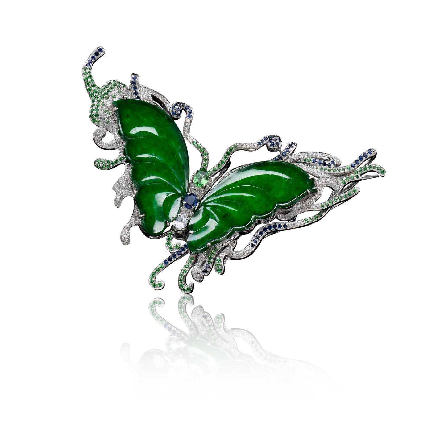 Butterfly Jadeite Brooch in 18k white gold with diamond and sapphire