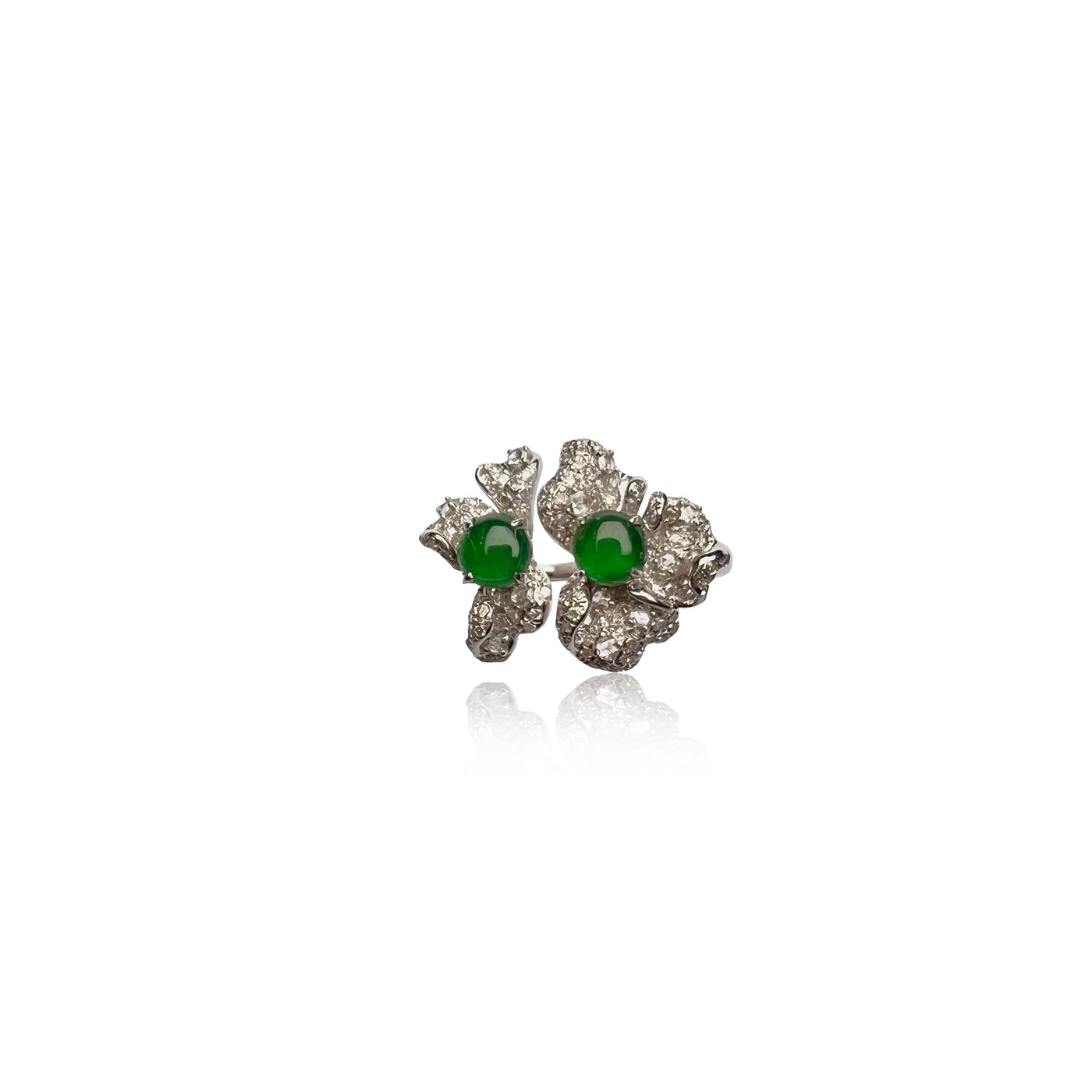 Jadeite cabochons ring in 18k white gold and diamonds