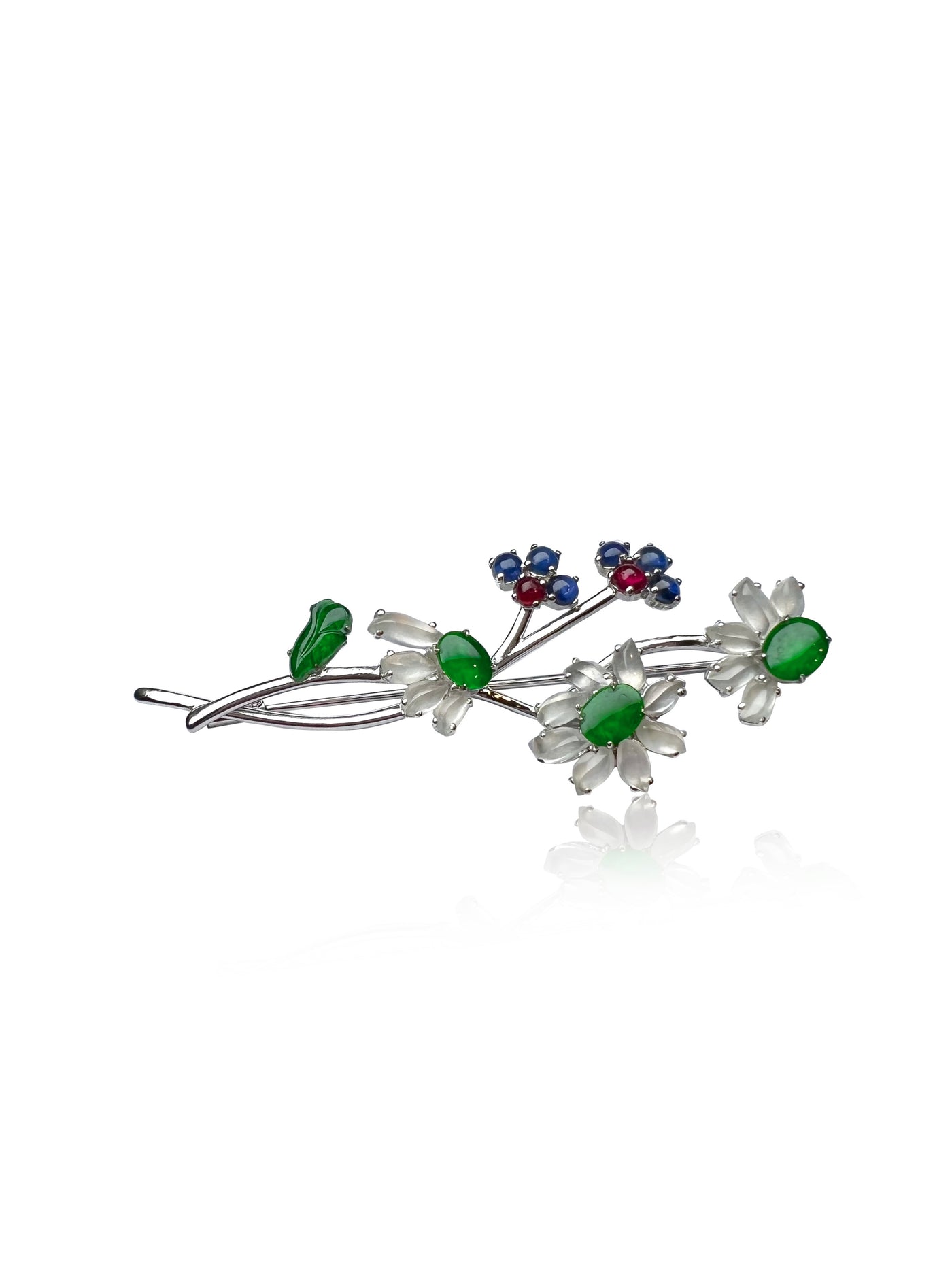 SUN FLOWER JADEITE BROOCH IN 18K WHITE GOLD WITH RUBY AND SAPPHIRE