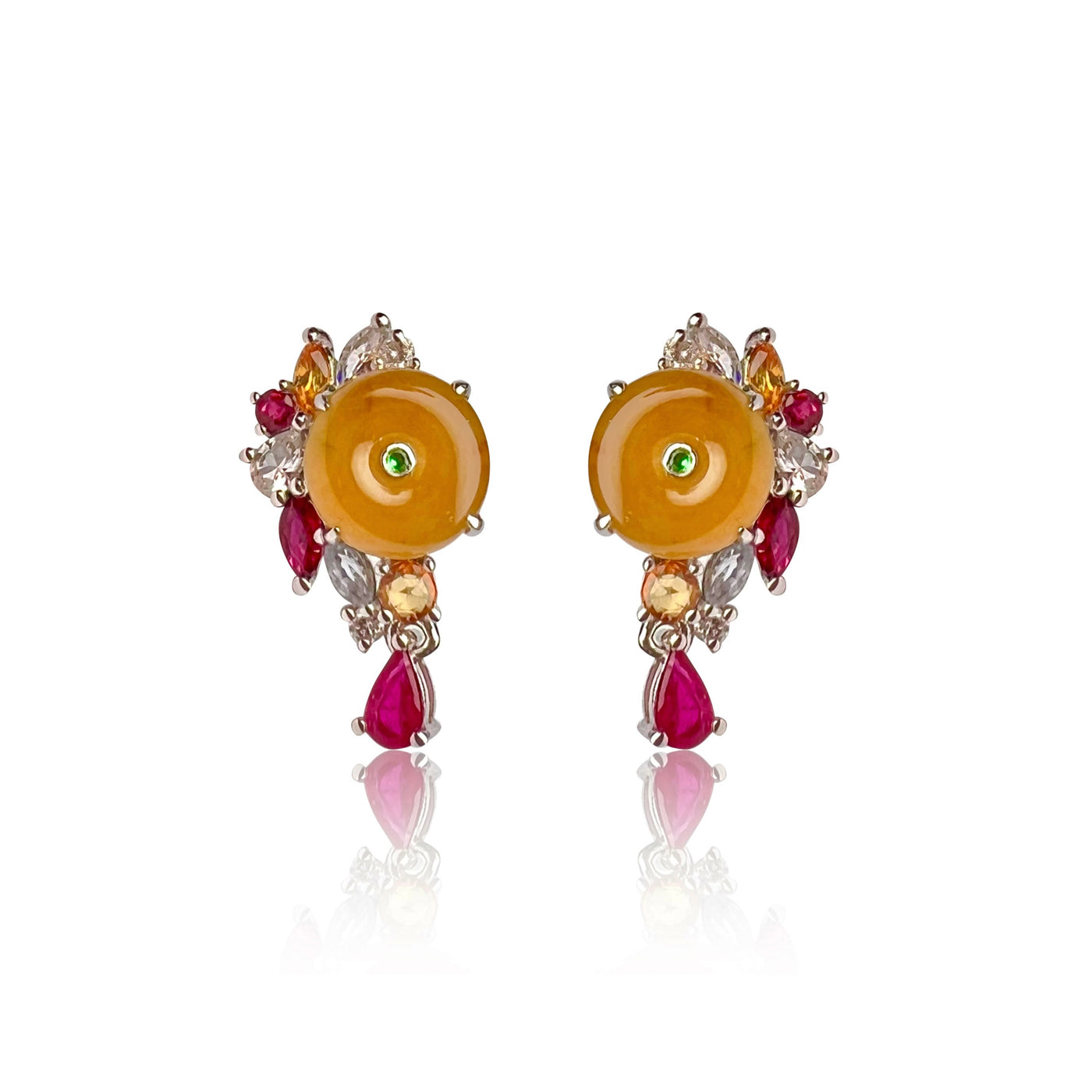 YELLOW JADEITE EARRINGS IN 18K WHITE GOLD WITH DIAMOND AND RUBY