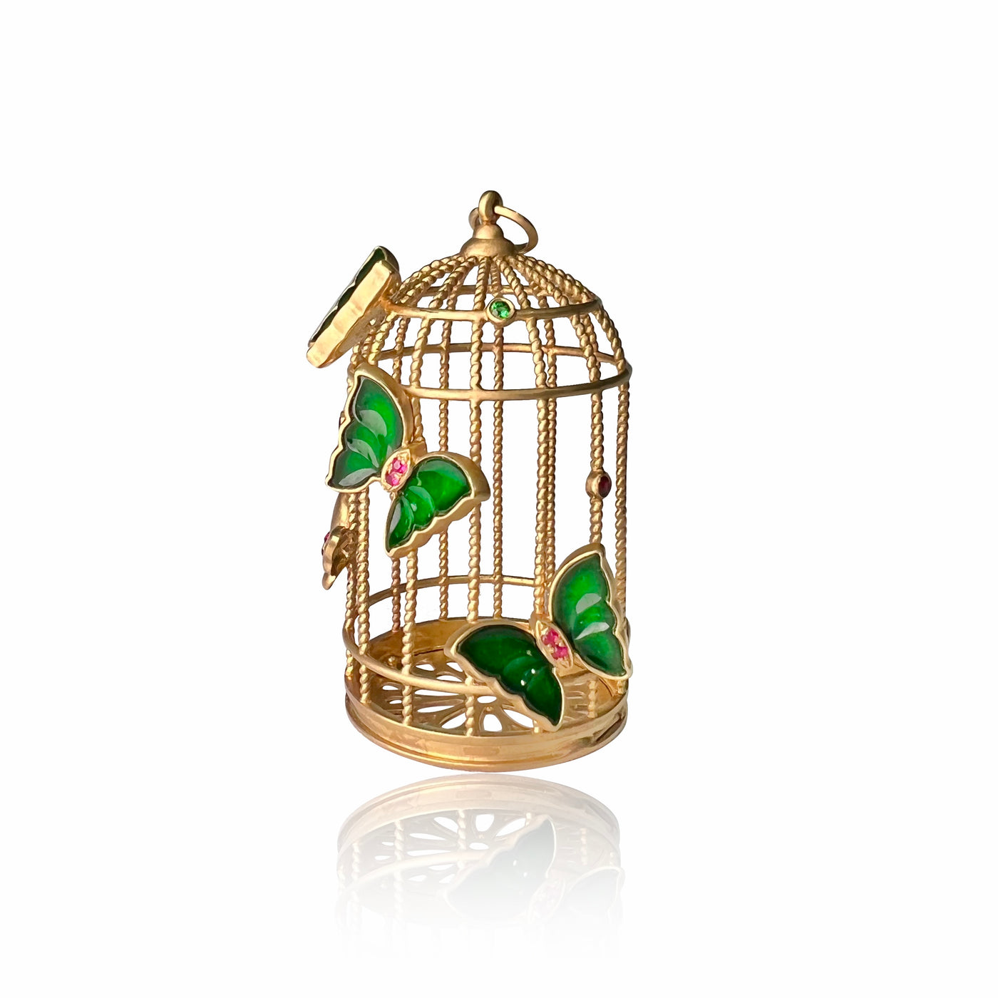 18K YELLOW GOLD BIRD CAGE PENDANT EMBEDDED WITH BUTTERFLY JADEITES