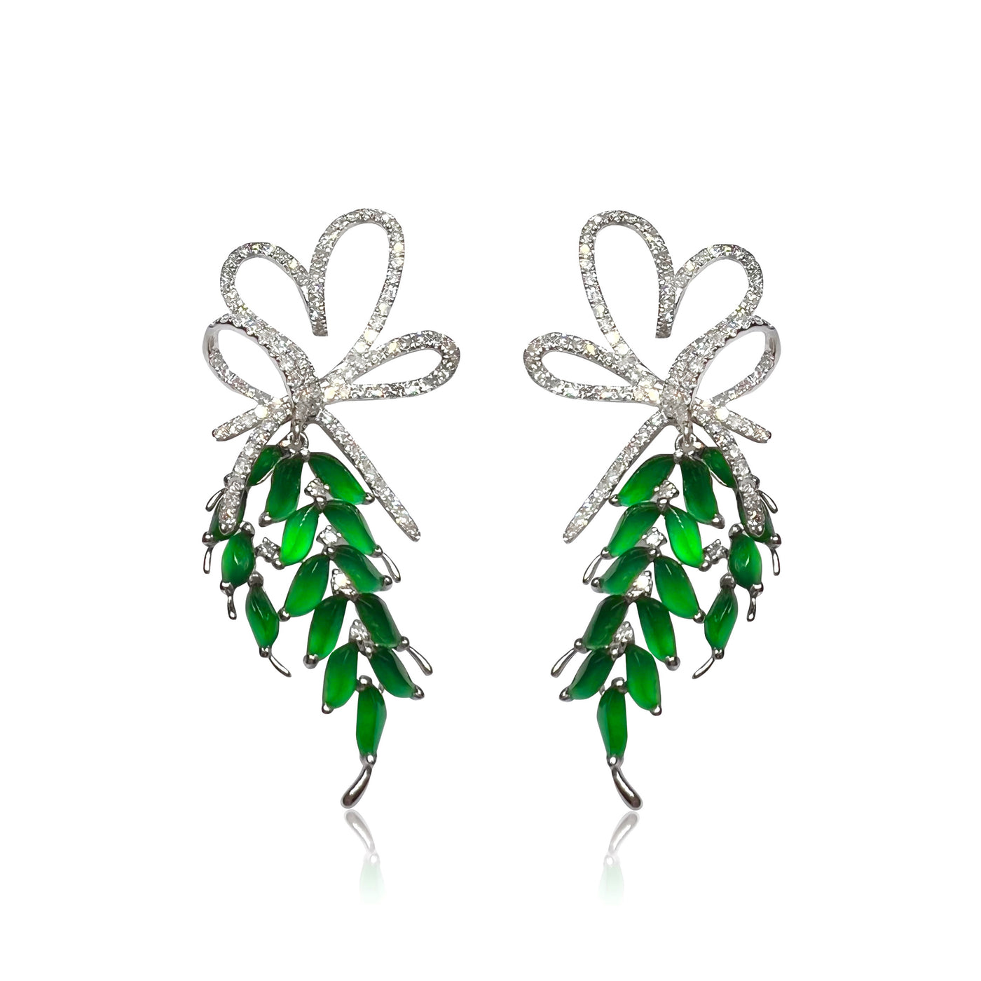 Jadeite Pine leaf Earrings in 18K White Gold and Diamonds